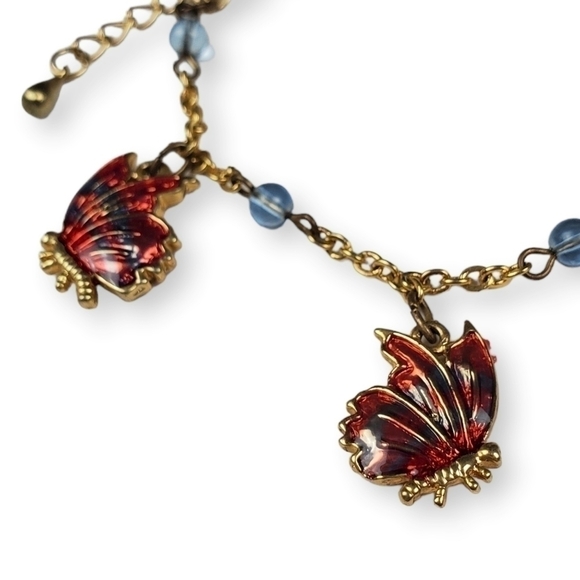 Butterfly Charm Bracelet Colorful Red Blue Enamel Gold Plated Cable Chain Dangle - Picture 2 of 5